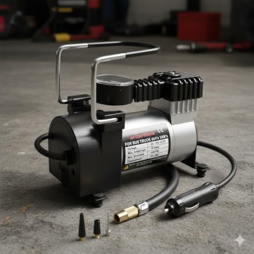 Image of Electric Car Air Compressor with Pressure Gauge, 12V DC Portable Tyre Inflator Air Pump for Car, Trucks, Bus, Bike, Auto & Van,High Pressure Portable Air Compressor for Bike (SILVER)