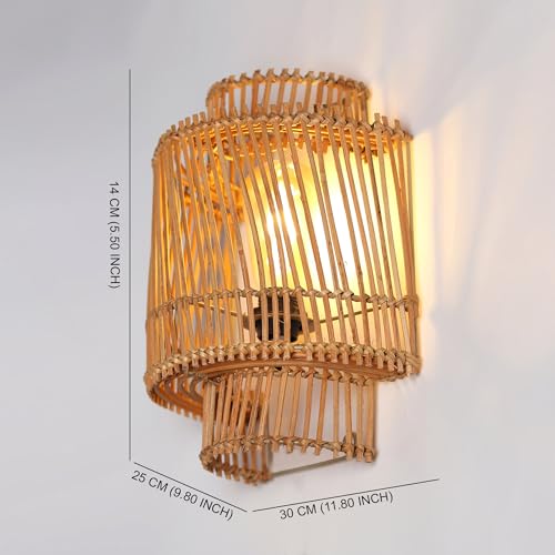 Image of Habere India-All the Cultures Fabricating India Wall Mount Lamps for Bedroom | Bedroom Lights for Wall | Lamp for Living Room | Rattan Lamp - (M: 30 * 25 * 14 cm)