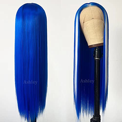 Ashley Blue Color Long Straight Hair Synthetic Lace Front Wigs For Fashion Women Royal Blue Hair Highlights Wig Heat Resistant Fiber Wig #TOP4