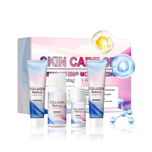 Set per la cura della pelle al collagene e retinolo, kit da viaggio anti-età con detergente, tonico e crema viso, rassodante e idratante