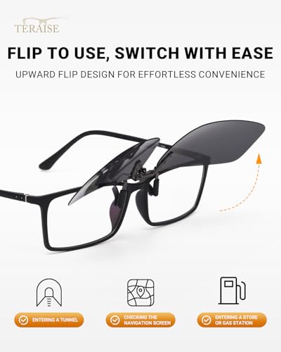 TERAISE Polarisierte Sonnenbrille Clip über Brillen Blendschutz UV400 clip on sonnenbrille für Männer Frauen Fahren (Black-upgrade Flip)