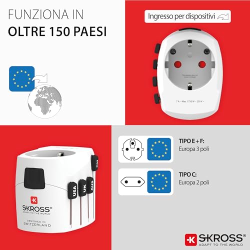 Image of SKROSS - 1.103145 | Pro | Universal Travel Adapter 2-3 Pole for Schuko. Voltage and Rated Power: 100V - 630W / 250V - 1575W - Protection against electric shocks
