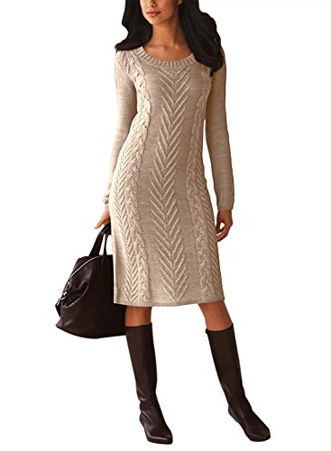 Malaven Women Winter Fall Cable Knit Asymmetric Buttoned Collar Stretchable Long Sleeve Midi Knee Length Bodycon Sweater Dress Khaki L 12 14