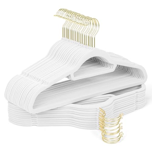 Sishynio Velvet Hangers 30 Pack with Gold Hooks, Non-Slip Slim Felt Hanger for Clothes, Heavy Duty Space Saving Flocked Hangers for Dresses, Suits, Coats & Pants(White)