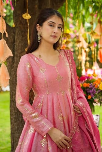 Image of Designer Heavy Crunchy Silk Anarkali Dress for Women | Fully Flared Embroidered Gown with Dupatta | Wedding