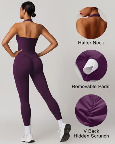 RXRXCOCO Open Back Workout Sets for Women 2 Piece Halter Tank Tops Hidden Scrunch Leggings Matching Set with Pockets4