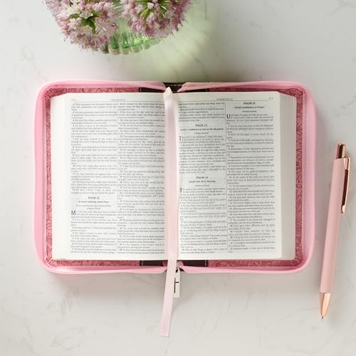 KJV Holy Bible, Mini Pocket Size, Faux Leather Red Letter Edition - Ribbon Marker, King James Version, Pink/Saddle Tan, Zipper Closure