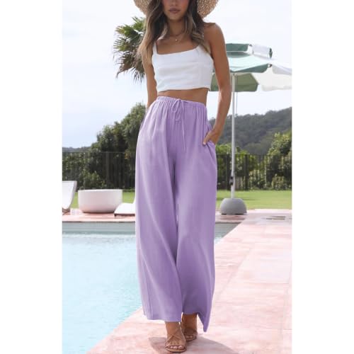 Image of Duyang Womens Cotton Linen Palazzo Pants Drawstring Elastic Waist Casual Wide Leg Trousers with Pockets