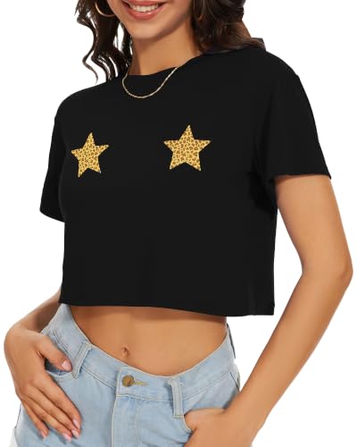 Image of Womens Crop Tops Summer Short Sleeve Round Neck T-Shirts Loose Fit Blouse