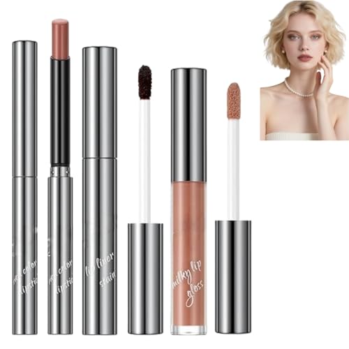 3PCS Matte Lipstick & Peel-Off Lip Liner & Butter Lip Gloss Set,Hydrating Tinted Pink Lip Balm,Collagen Lip Gloss for Dry Lips,Long-Lasting Waterproof Lip Kit for Smooth,Defined & Hydrated Lips(#2)