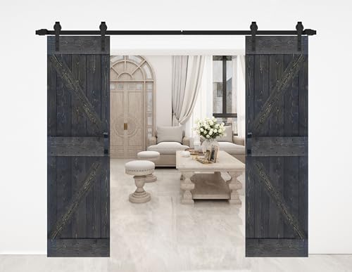 K Series 56in x 84in (28in x 84in x 2 Panels) Carbon Gray Finished Solid Wood Sliding Barn Door with Hardware Track - Assembly Needed