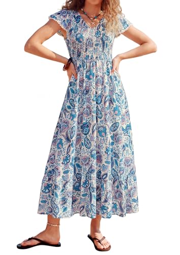 Women's Dresses for Wedding Guest, Casual Smocked V Neck Cap Sleeve Boho Outfits, A Line Flowy Beach Vacation Long Dresses