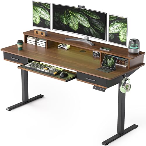 WALKINGDESK Escritorio Elevable Eléctrico con Bandeja para Teclado, 160 x 60 cm Escritorio Regulable en Altura, Mesa Elevable con Soporte Monitor, Mesa Ergonómico de Bipedestación, Negro Nogal