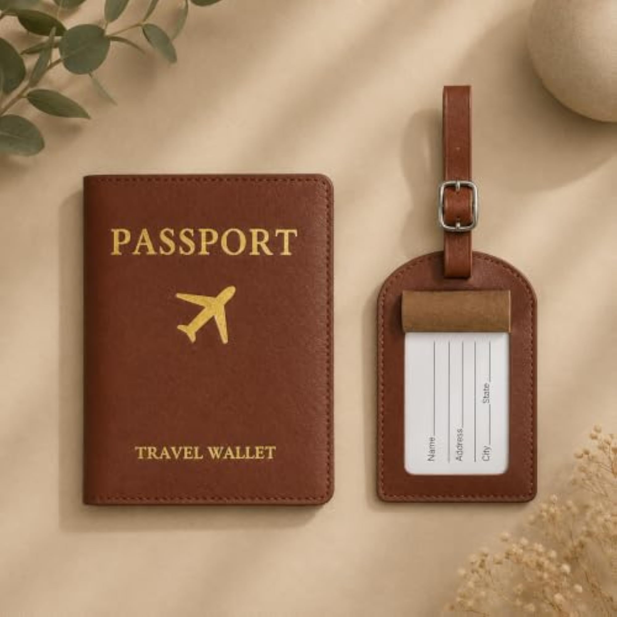 Luggage Tag and Passport Holder Set for Travel, Brown