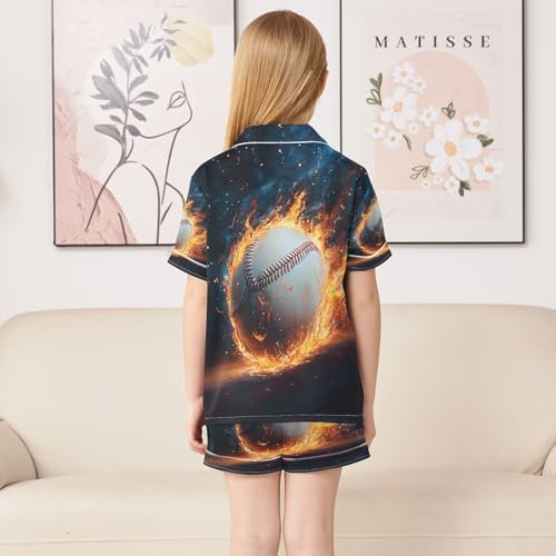 ALAZA Baseball Flame Sky Blue Satin Pajamas Set Short Sleeve Button Down Sleepwear Summer Pjs 2 Piece4