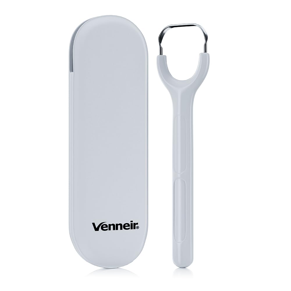 Venneir® Limpador de Língua com Estojo de Viagem em Aço Inoxidável de Grau Médico - Tratamento para Mau Hálito, Design Elegante e Eficaz para Adultos e Crianças