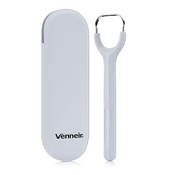 Venneir Tongue Scraper with Travel Case, Oral Glide ProBad Breath Treatment, Medical-Grade Stainless Steel for Adults & Kids. 100% Rustproof, Sleek & Effective Design Slate White