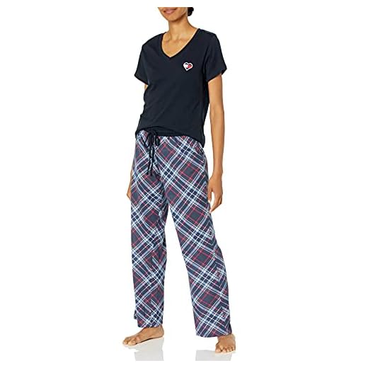 Tommy Hilfiger womens Logo Short Sleeve Tee and Basic Cotton Logo Pant Pajama Set, Tommy Tartan Logo Plaid, Medium US