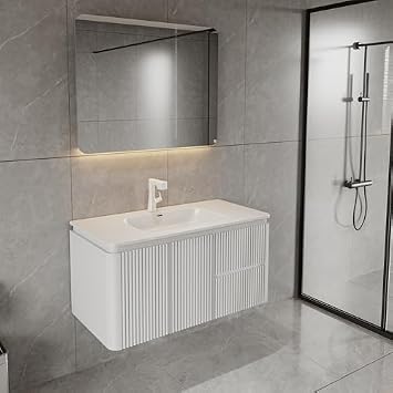 Wall-Mounted Bathroom Mirror Cabinet/Floating Vanity Base Modern Minimalist Design, Concealed Storage, Fully Assembled, Multiple Size & Style Options White Vanity Base