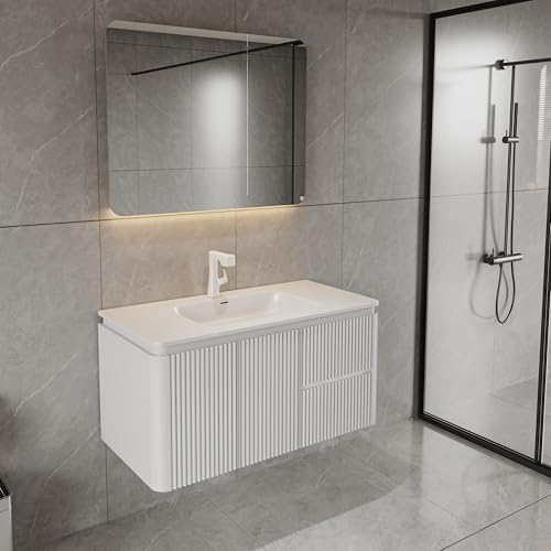 Wall-Mounted Bathroom Mirror Cabinet/Floating Vanity Base – Modern Minimalist Design, Concealed Storage, Fully Assembled, Multiple Size & Style Options (White Vanity Base)