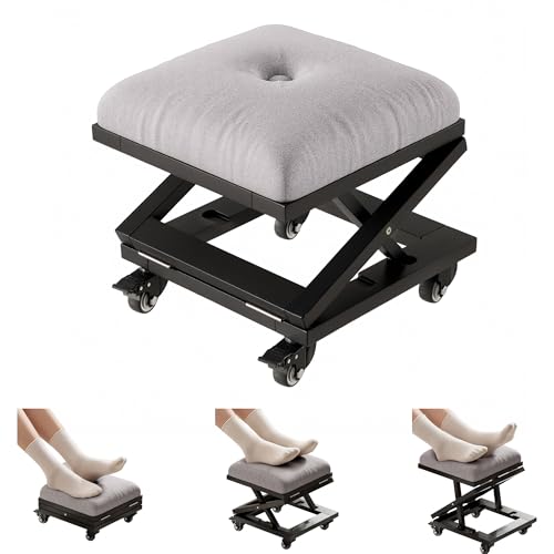 VECELO Fußhocker mit X-Bein, Quadratischer Polsterhocker aus Leinenstoff, 3‑fach höhenverstellbar, mit 360° Drehrollen, Relaxhocker für Wohnzimmer und Eingangsbereich, Schwarz