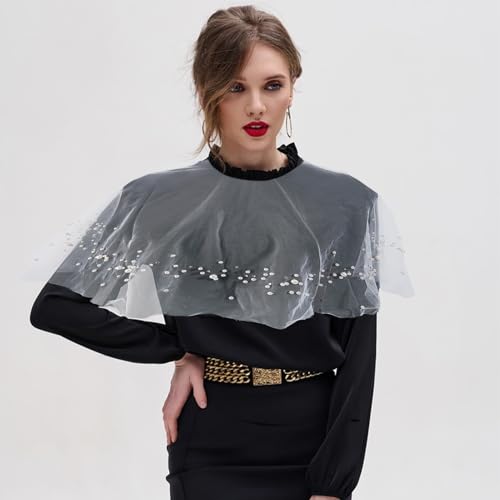 NICENEEDED Capelet Pearl Shawls Wraps for Women, Soft Tulle Capes and Wraps for Evening Dress, Elegant Soft Silky Sparkly Wedding Bridal Scarf3