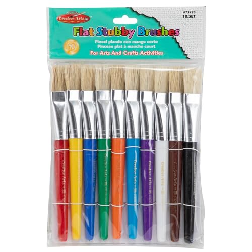 Charles Leonard Creative Arts Flat Tip Paint Brushes, Short Stubby Plastic Handle with Hog Bristle, 7.5 Inch, Colors May Vary, 10-Pack (73290)