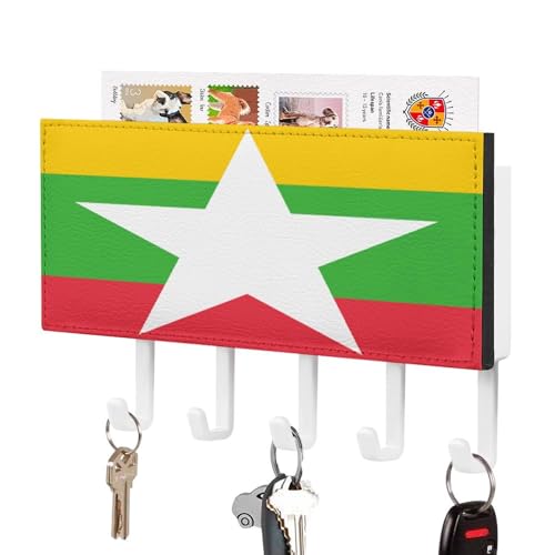Porte-clés avec drapeau national de la Birmanie pour mur, porte-courrier et porte-clés pour entrée, porte-clés rustique avec 5 crochets, support mural pour entrée, vestiaire, couloir