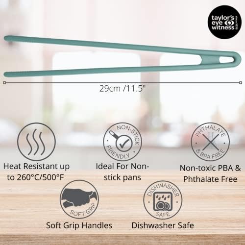 Taylors Eye Witness Large Aqua Blue Silicone Gripping Tongs - Dishwasher Safe. Sturdy Build, Non-Scratch Grip Heads, Long Handle. Odour, Stain & Heat Resistant (260°C/500°F). 5 Year Guarantee