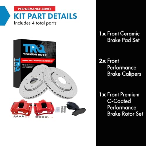 Image of TRQ Performance Front Brake Pad & Rotor Set Ceramic Coated Drilled Slotted | For 08-12 Chrysler Town & Country Dodge Grand Caravan 2012 Ram Cargo Van 09-12 Volkswagen Routan