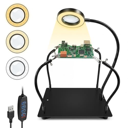 Estación de Soldadura 6X Lupa LED 4 Brazos Flexibles Soporte para Placa de Circuito Tercera Mano para Soldar Joyería Electrónica Manualidades