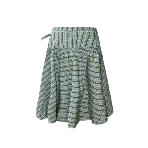 Womens Vintage Aesthetic Plaid Print Straps Lace-Up Ruffled Low Waist Belted Midi A-Line Skirts