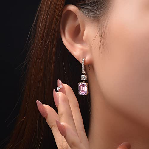 Sterling Silver Diamond Earrings For Women, Classic Emerald Cut 8Ct/Pair Lab Simulated Pink Diamond Dangle Earrings White Gold Plated Jewelry Gifts For Her Birthday Mothers Day Christmas #TOP4