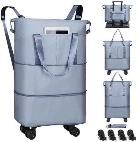 VOOWO Duffel Bag with Wheels - Rolling Foldable Expandable Duffle Bag with Wheels for Travel, Rolling Luggage Bag Carry On Travel Bag with Wheels, Large Wheeled Overnight Weekender Bag (Blue)