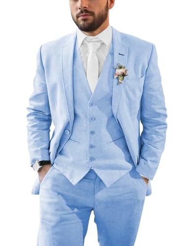 Men's 3 Piece Linen Suit Beach Wedding Groomsmen Summer Prom Lightweight Blazer Pants and Vest Tuxedo Set
