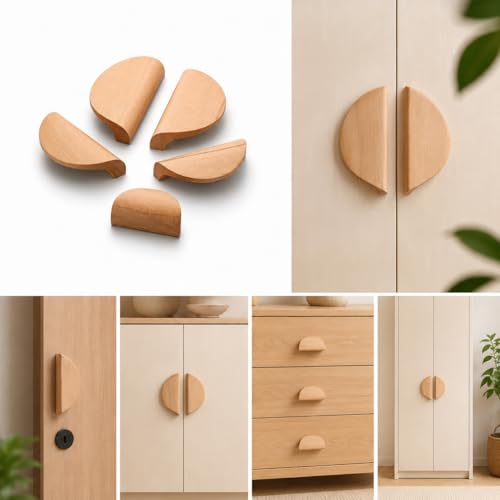 Image of Heavy Duty Steam Beech Wood Door Handles for Main Door, Cabinet, Wardrobe, Drawer | Semicircle Wooden Pull Push Handle Set Hardware for Home & Office - Pack of 2 (4 inch x 2 inch)