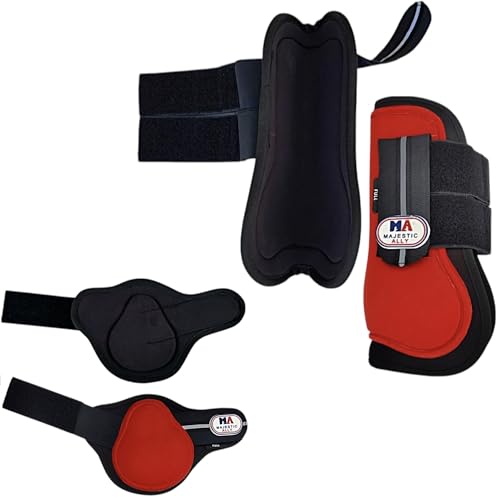 Majestic Ally Horse Leg Protection Fetlock and Tendon Boots Set, PU Shell, Neoprene Lining, Hook and Loop Closures, Multiple Colors and Sizes (Set of Tendon and Fetlock Boots, Red, Full)
