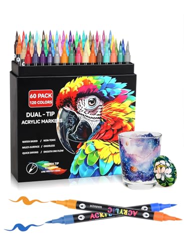HornedDragon 120 Farben Acrylstifte Set, 60er Acrylic Marker Doppelspitze Pinselspitze, Acrylstifte für Steine Wasserfest, Acrylmarker für Eier, Holz, Leinwand, Kunststoff, Glas