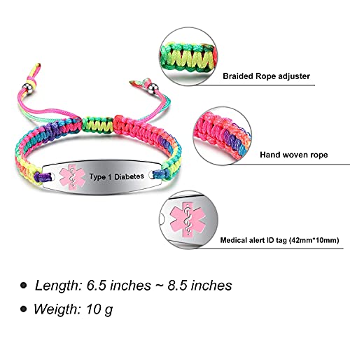 Image of JF.JEWELRY Pre-Engraved Type 1 Diabetes Medical Alert ID Bracelet | Nylon Rope Braided Medical Alert Bracelet, 6.0-8.5 Inches Adjustable