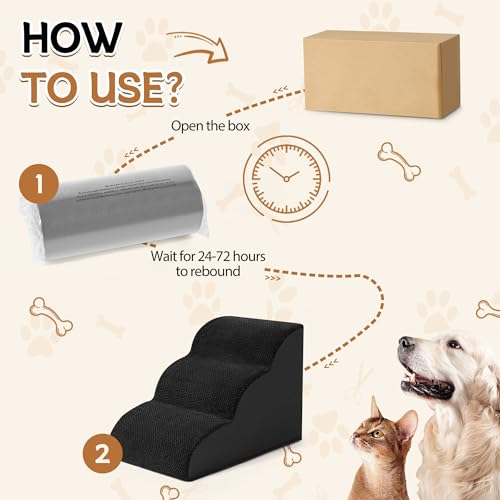 ROMROL Hundetreppe 3 Stufen – rutschfeste Haustiertreppe für kleine Hunde & Katzen – Waschbarer Bezug, Hochdichter Memory-Schaum – Weiche Einstiegshilfe für Sofa & Bett – Gelenkschonend, Schwarz