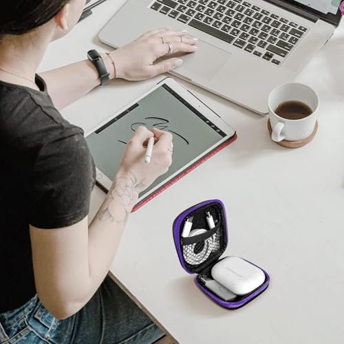 Image of Square Earbud Case Portable EVA Carrying Case Storage Bag Cell Phone Accessories Organizer with Carabiner for Earphone, Earbud, Earpieces, SD Memory Card, Camera Chips, Tech Pouch, Purple