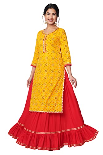 Image of GOD BLESS Yellow Colored Bandhani Printed Kurta With Skirt