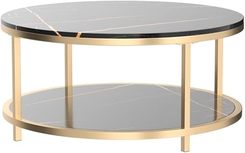 Miniatura 4 de WiberWi Mesa auxiliar redonda de 33.5 pulgadas para sala de estar, parte superior de mármol negro sintético de alto brillo, mesa circular moderna