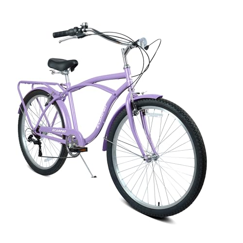 Ecarpat 26 Inch Beach Cruiser Bike for Mens Womens Adult, Womens Bicycle with Rattan Front Basket, Mens Bybrid Bicycle, 7-Speed Comfort Commuter Bikes with Adjustable Seat and Dual V-Brake