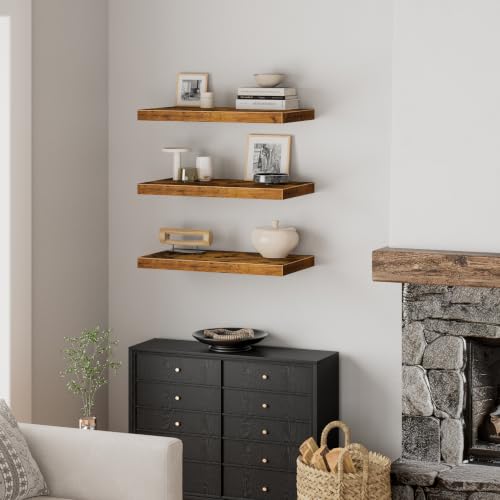 Image of QEEIG 12 inch Deep Floating Shelves for Wall - 12 x 24 inch Book Shelf Bathroom Bedroom Kitchen Living Room Hanging Bookshelf Farmhouse Set of 3, Brown (026-60BN3)