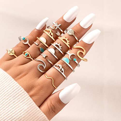Futimely Boho Retro Stackable Rings Sets For Teens Girls Women,Peak Sea Wave Compass Turquoise Rhinestone Knuckle Joint Finger Kunckle Nail Ring Sets (:1：19Pc) #TOP2