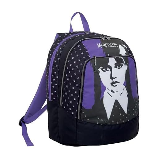Seven Mochila escolar con doble compartimento, Miércoles Addams Morado y Negro, Bolsillo Porta Cantimplora, Niñas y Niñas, Escuela Primaria y Mediana, violeta, Talla única, Moderno