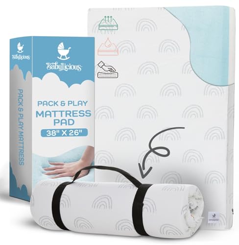 Waterproof Pack and Play Mattress Topper - 38" x 26" | Roll Up Style - Breathable Soft Memory Foam - Portable Playard Mattress Topper- Baby Foam Playpen Mattresses for Babies - Boho Design