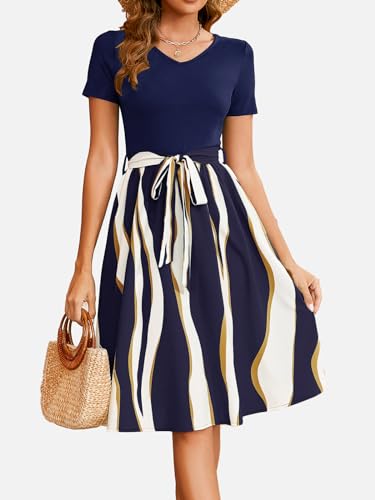 Women's Summer Casual Elegant Vintage Stripe V Neck Short Sleeve Work Party A-Line Knee-Length Dress with Belt D8243