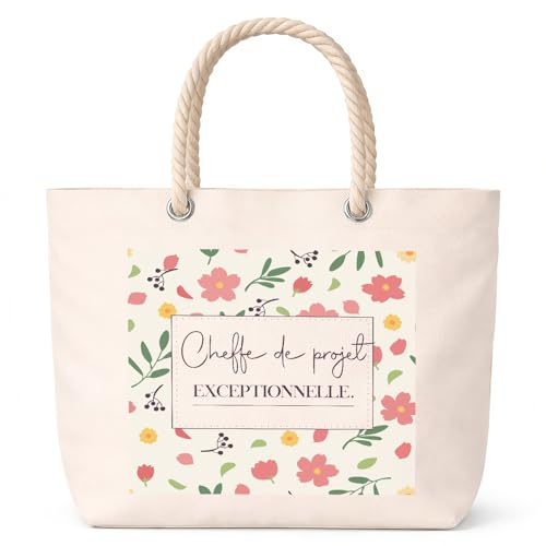 Planetee Sac de plage femme grand format anse corde Cheffe de projet exceptionnelle motif fleurs cadeau femme anniversaire Noël grand sac été